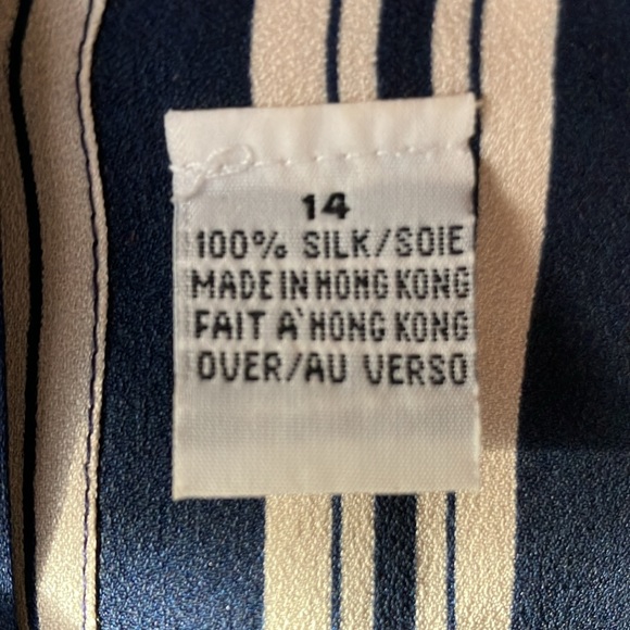 Dana Buchman 100% Silk Navy & Cream Stripes Nautica Mid-Sleeves Blouse womens 14 - Picture 6 of 13